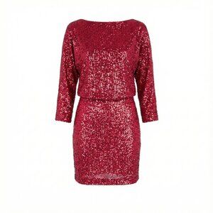 One33 Social Draped Sequin Dress Midi 3/4 Sleeve Pink Orange